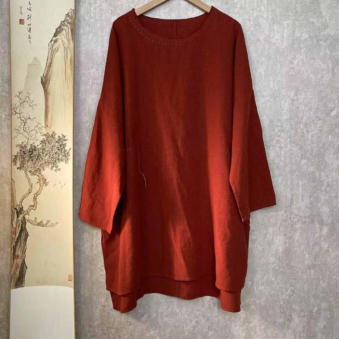 芬雅春夏款亚麻毛边领重工明线口袋大码休闲中长衫