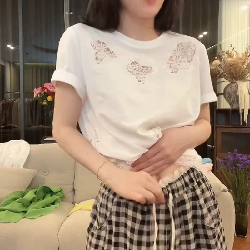 2025春夏新款小众时尚圆领镂空蕾丝花边T恤LK2502788