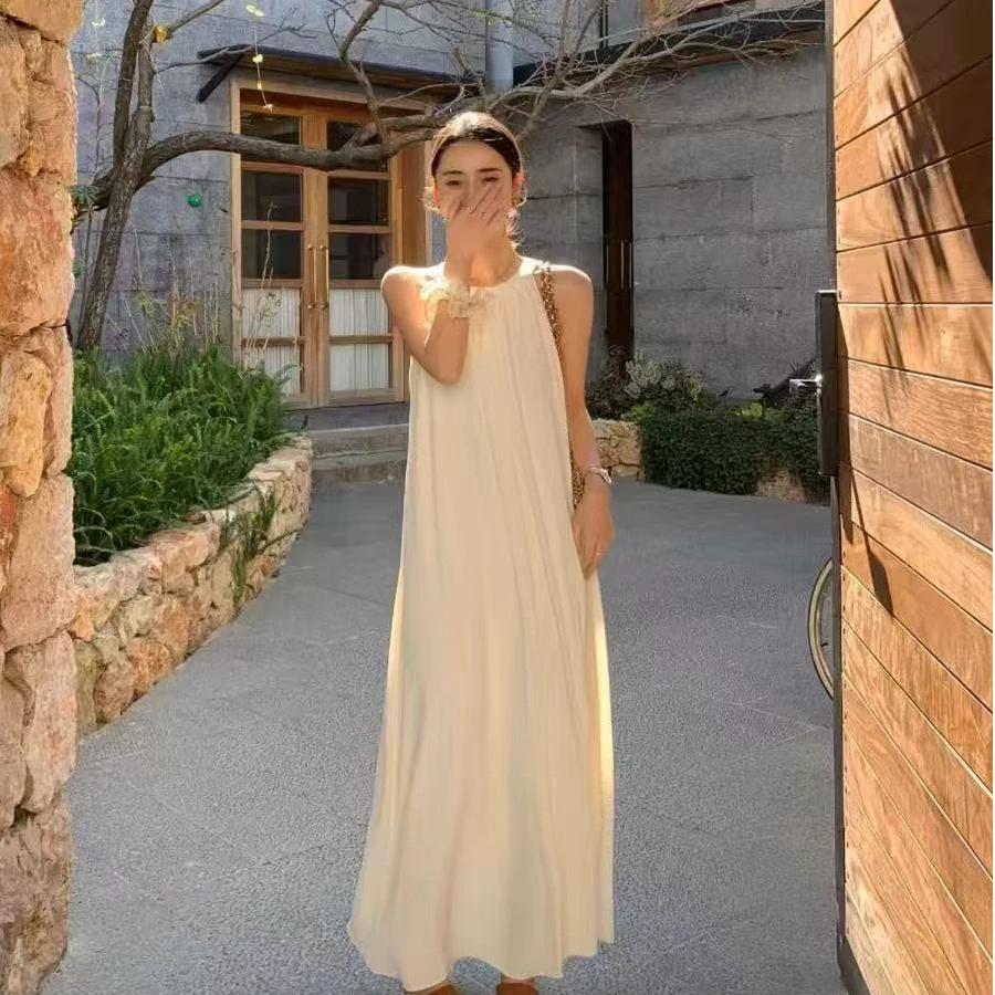 裙长141高个子加长挂脖宽松气质大摆法式无袖露肩长裙