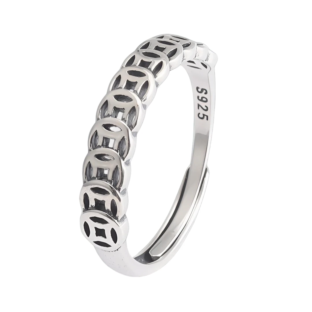 925银戒指 S925纯银时尚钱币铜钱戒指男复古风冷淡开口可调节素款