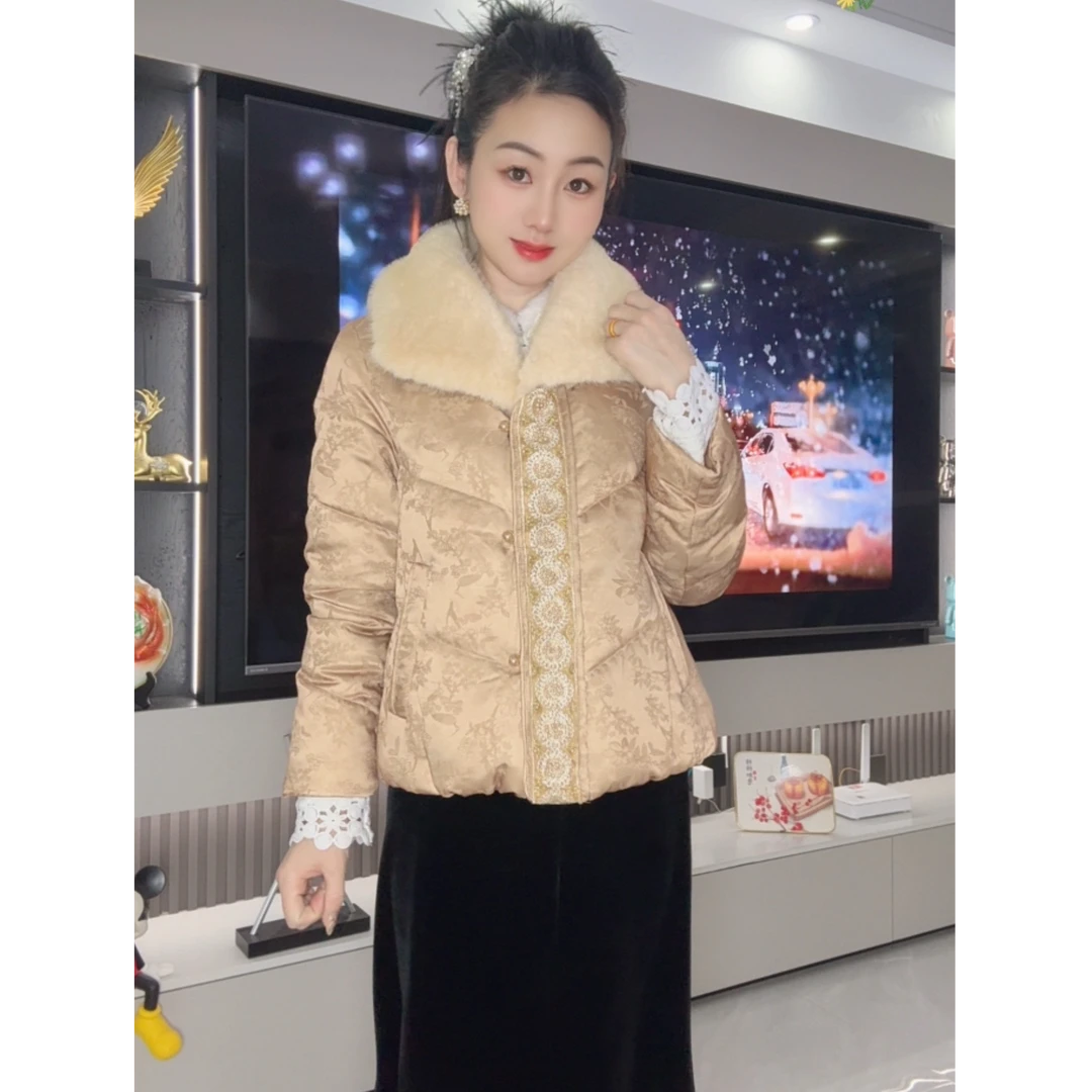 专柜款高级定制高品质毛领手工钉珠新款羊绒服新中式国风加厚外套