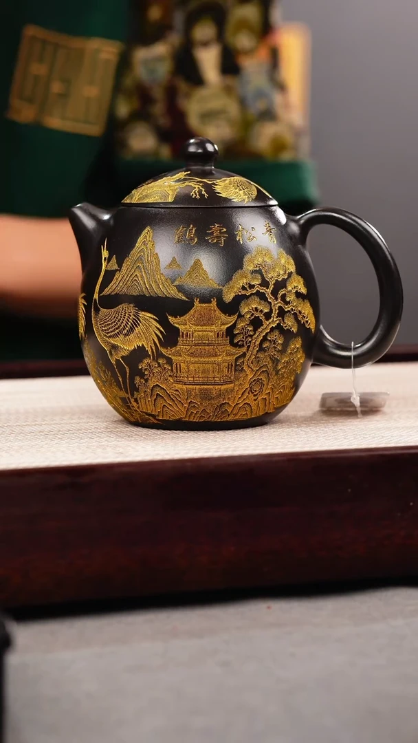 茶壶紫砂石黄 龙蛋 仙鹤 描金