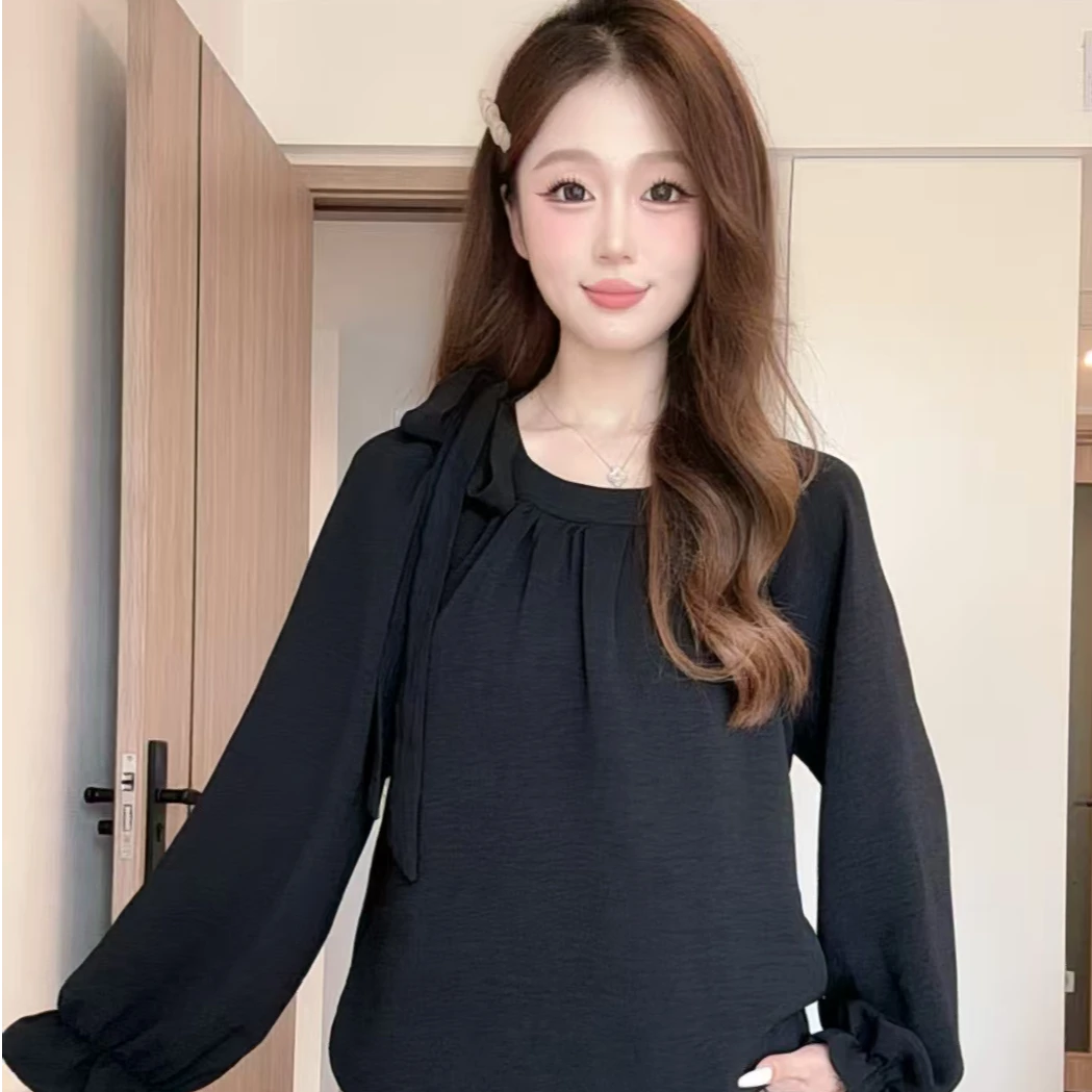 学院风带蝴蝶结长袖宽松时尚百搭小衫上衣2025秋季上新爆款