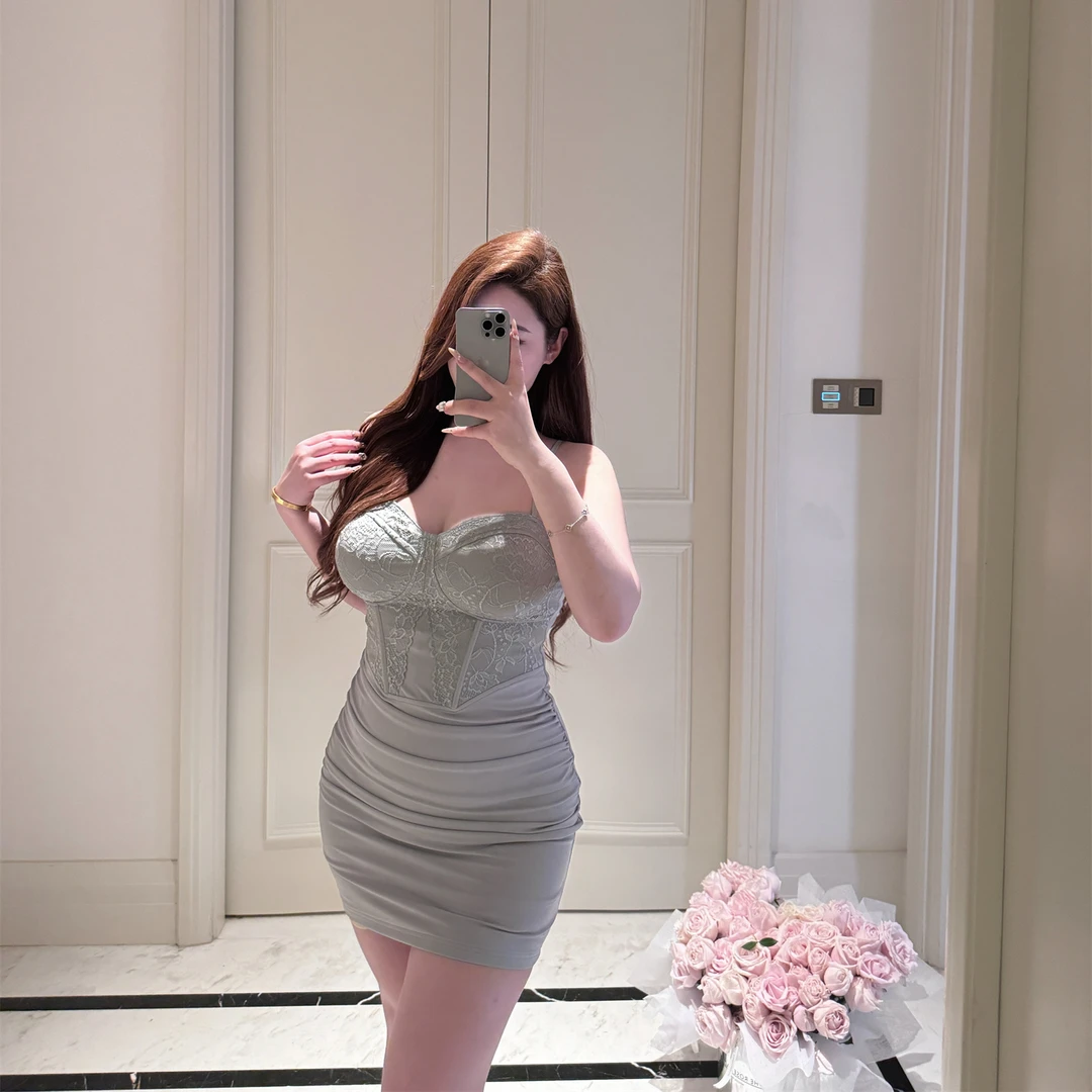胖婷大码定制「辣妹天菜」春夏法式纯欲蕾丝收腰包臀连衣裙女