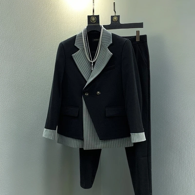 MODEK KODEK男时尚条纹拼接西服套装潮流男韩版痞帅小西装外套