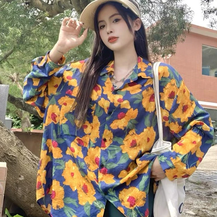 复古港味碎花长袖衬衣女春季新款设计感潮流小众聚会拍照上镜衬衫