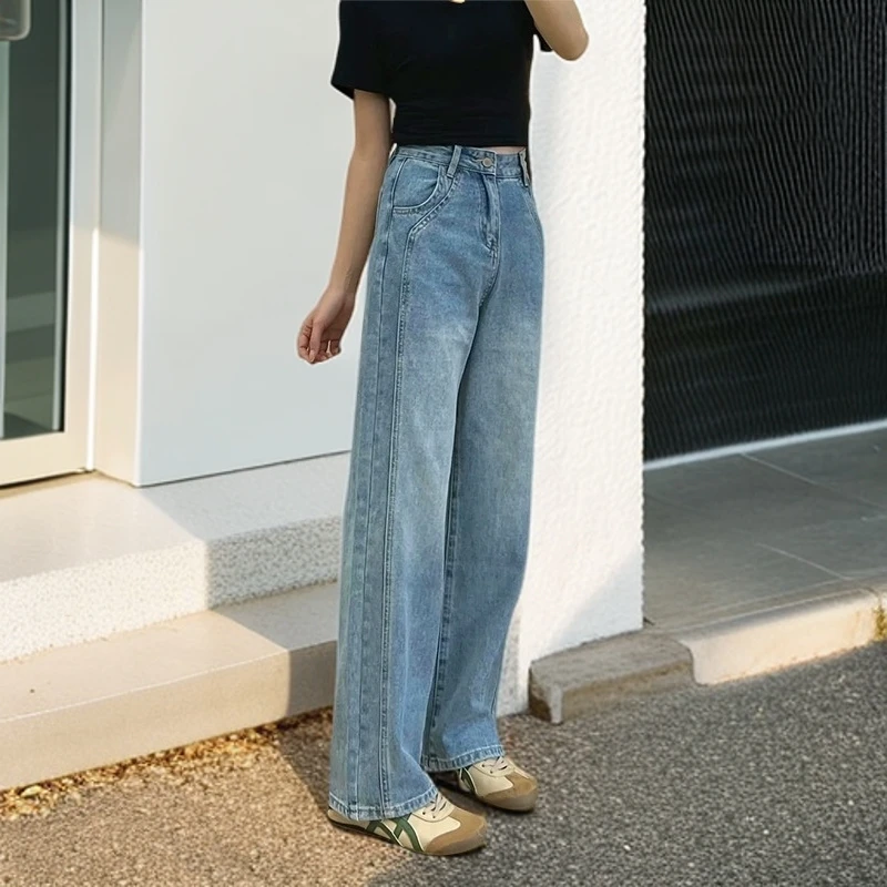 韩版百搭牛仔裤女2025新款松弛感高腰显瘦小个子夏季薄款宽松阔腿