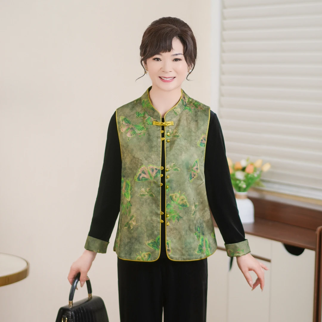 MUYUEZI/中年妈妈秋装新款洋气新中式马甲中老年春秋时尚套装外套