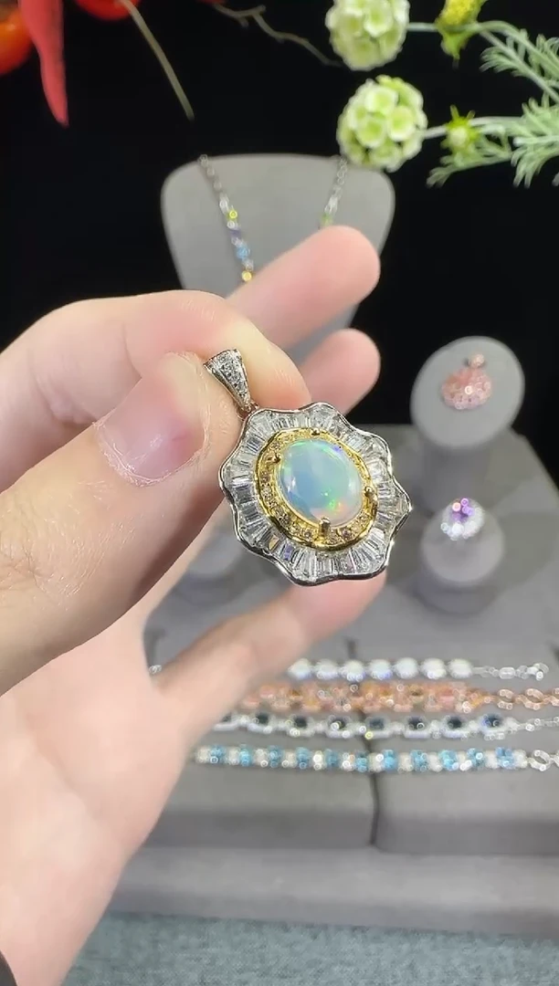 欧泊银S925镶嵌珠宝奇石10*8mm吊坠