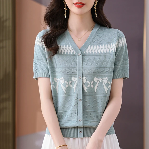 春竹世家显瘦休闲风拼色T恤洋气针织衫提花开衫女装气质上衣