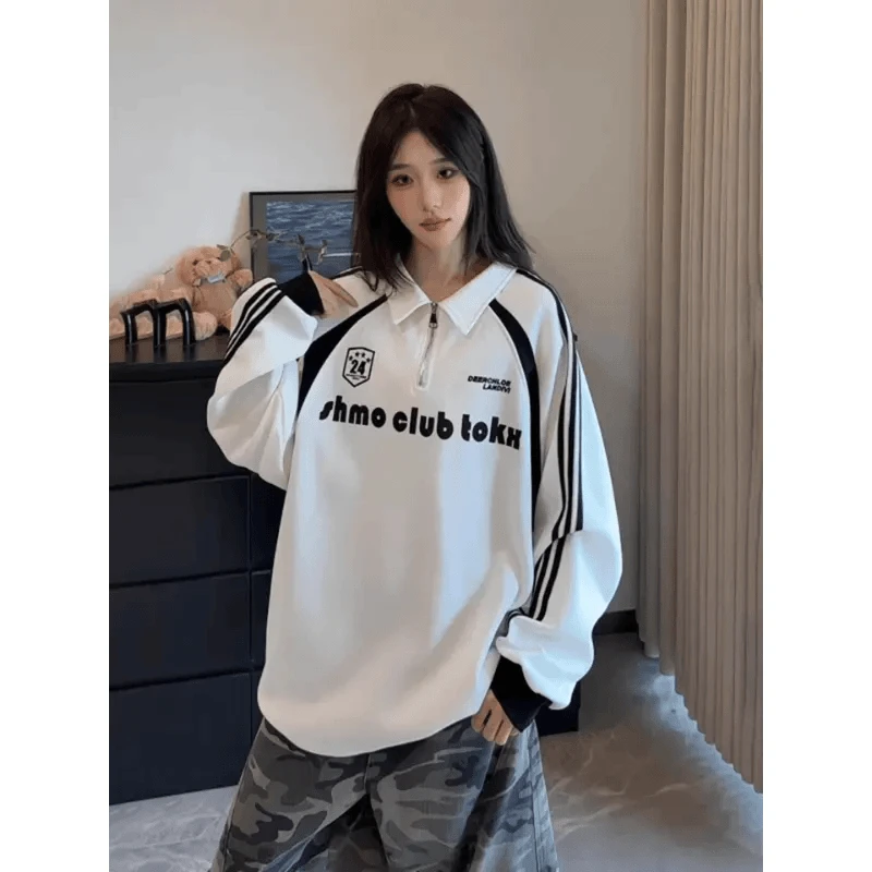 美式潮牌半高领拉链polo衫男字母印花设计感上衣vibe秋季穿搭外衣