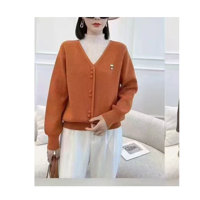 花花/3900-假两件加厚针织毛衣单排扣精致百搭打底衫