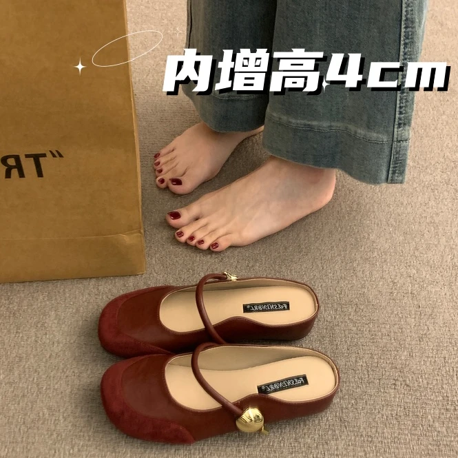 内增高复古玛丽珍包头半拖鞋女夏季外穿真皮圆头浅口配裙晚风单鞋