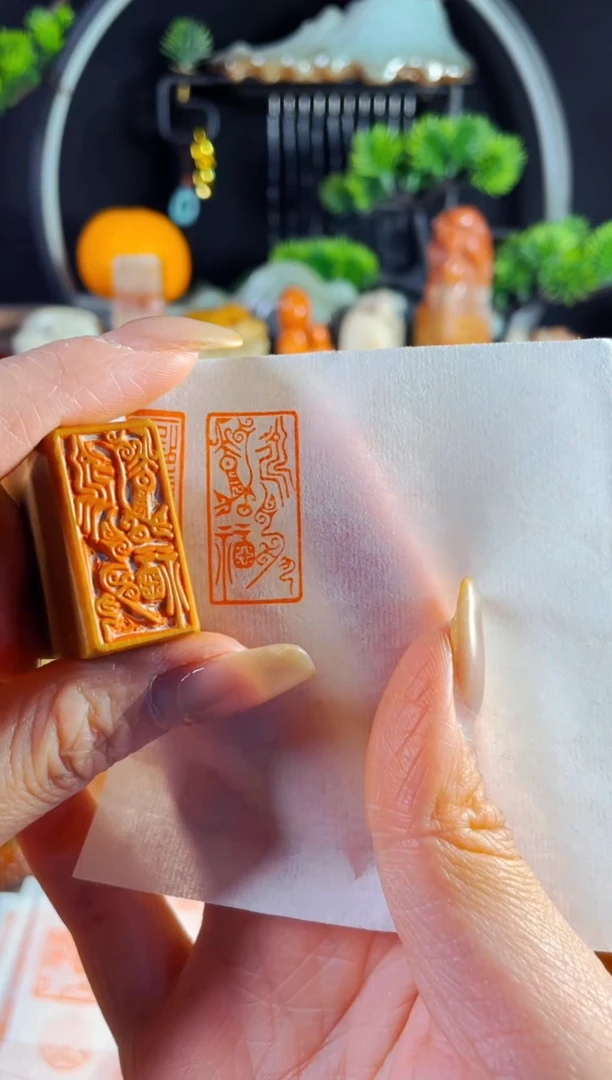 老挝石印石手工篆刻《永受嘉福》1.5*3木纹