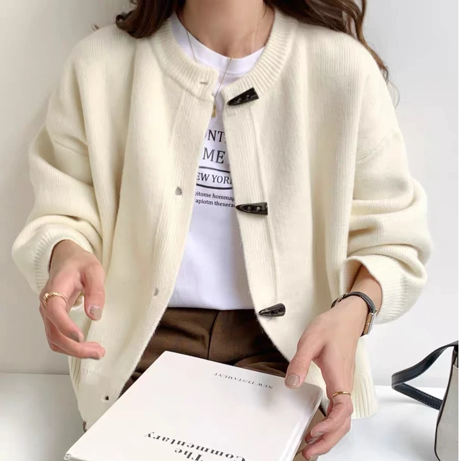 100%百搭羊毛单排扣开衫休闲时尚宽松针织衫秋季韩版加厚打底开衫