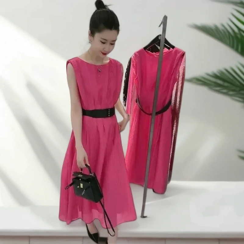 2025夏季新款流行漂亮设计感高端洋气气质名媛玫红色背心连衣裙女