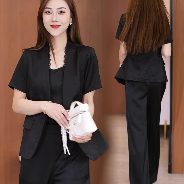 拉夏贝尔时尚职业套装女2025夏新款洋气休闲外套吊带阔腿裤三件套