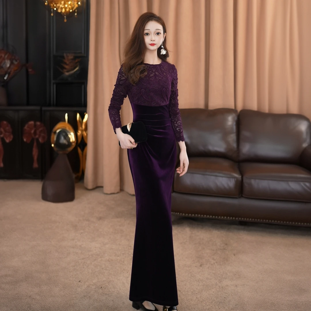 【思思】酒红丝绒蕾丝长裙复古轻奢宴会女王的优雅战袍-VG0483