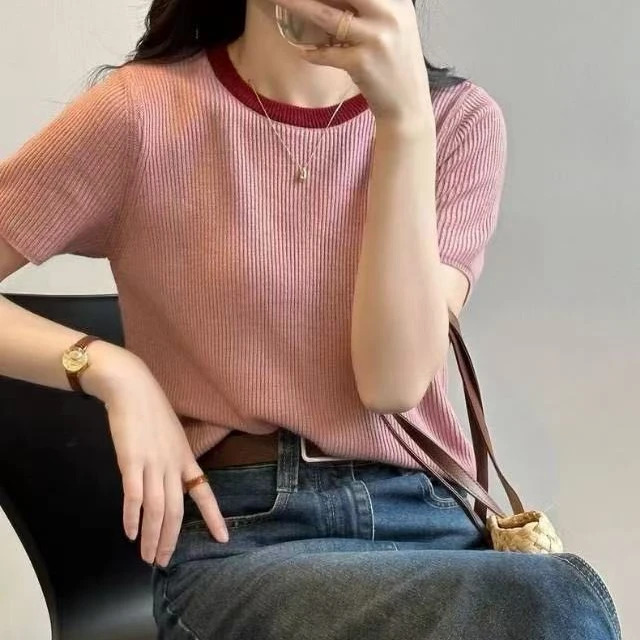 复古百搭撞色针织T恤慵懒显瘦