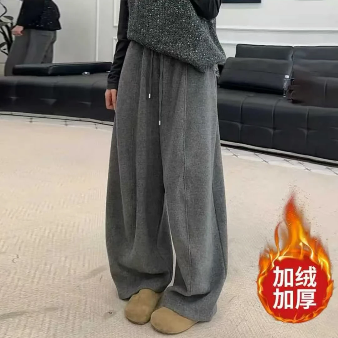 【羊呢绒+运补】初冬季新款韩版加绒加厚毛呢松紧腰抽绳弯刀裤长裤