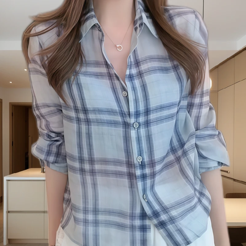 衬衫女款爆款2025新款春季蓝色显白条纹格子设计女士高档洋气上衣