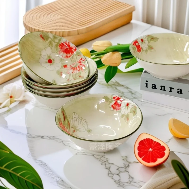 花语复古6英寸15厘米吃饭碗家用创意陶瓷碗4个