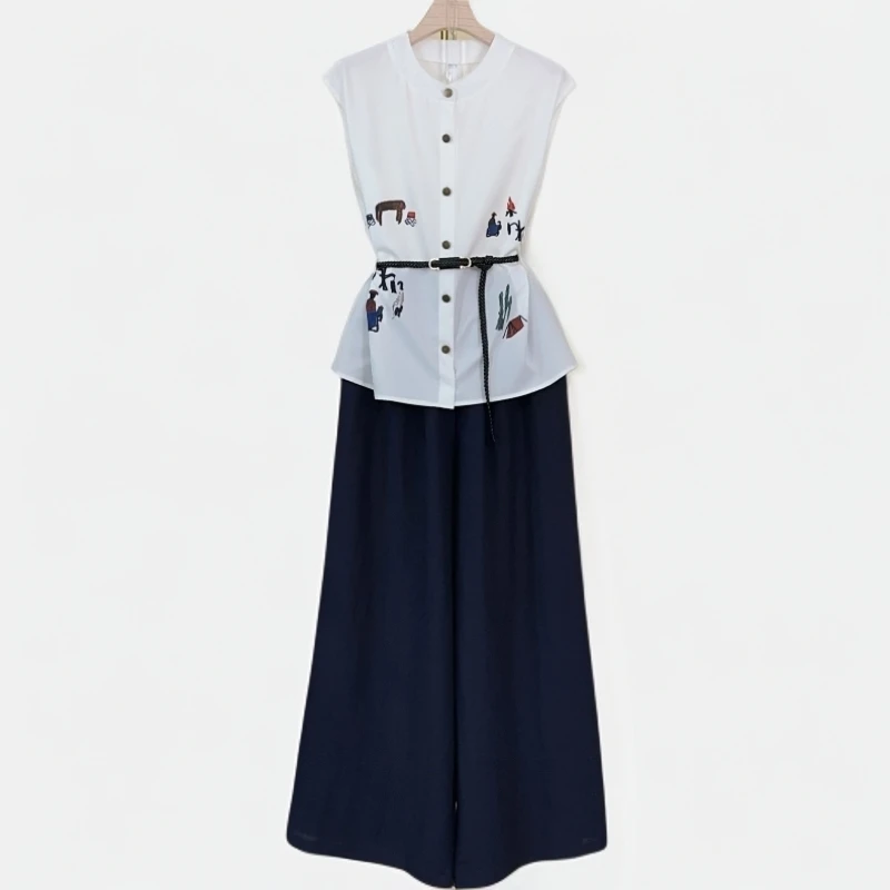 时尚套装2025气质时尚复古法式刺绣无袖衬衫阔腿裤两件套M182