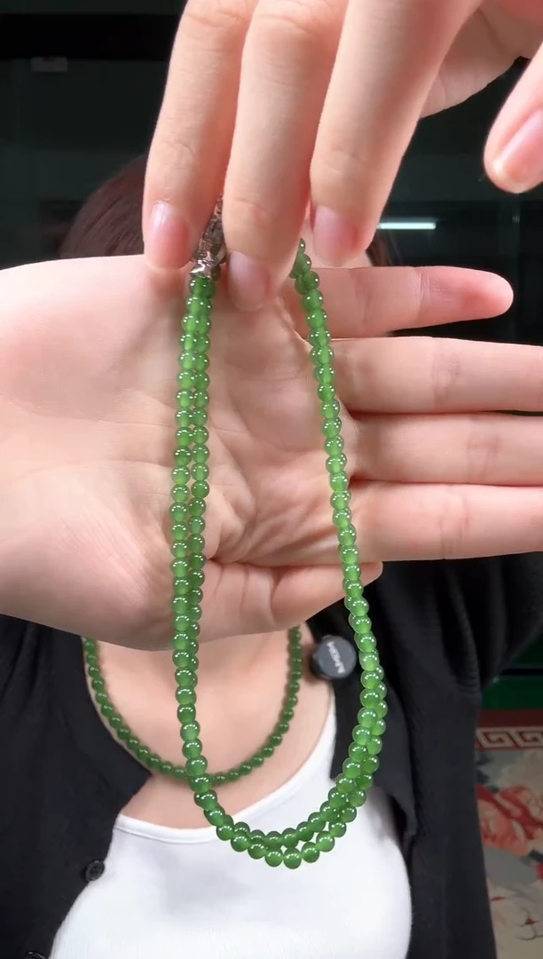 和田玉（碧玉）未镶嵌项链碧玉4mm辣阳绿小米链（无黑点）