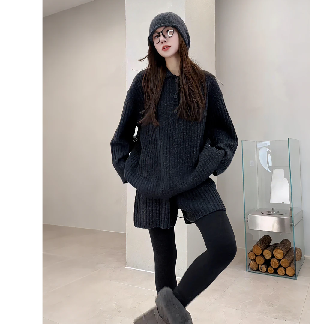 立体竖坑条POLO领针织上衣短裤气质套装女秋冬时尚纯色两件套潮