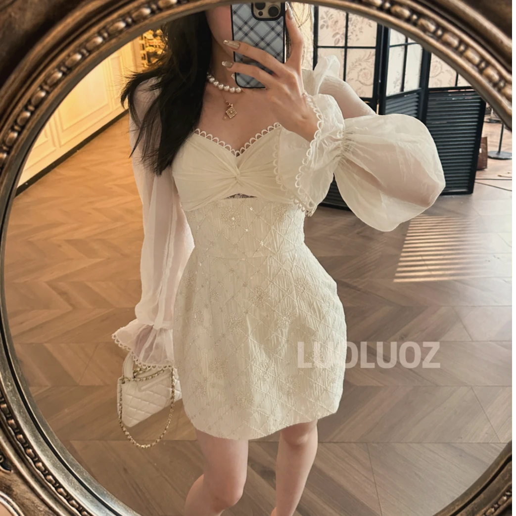 LUOLUOZ【腰间蝶舞】高级感气质绝美秋季网纱时尚短款连衣裙JF1003