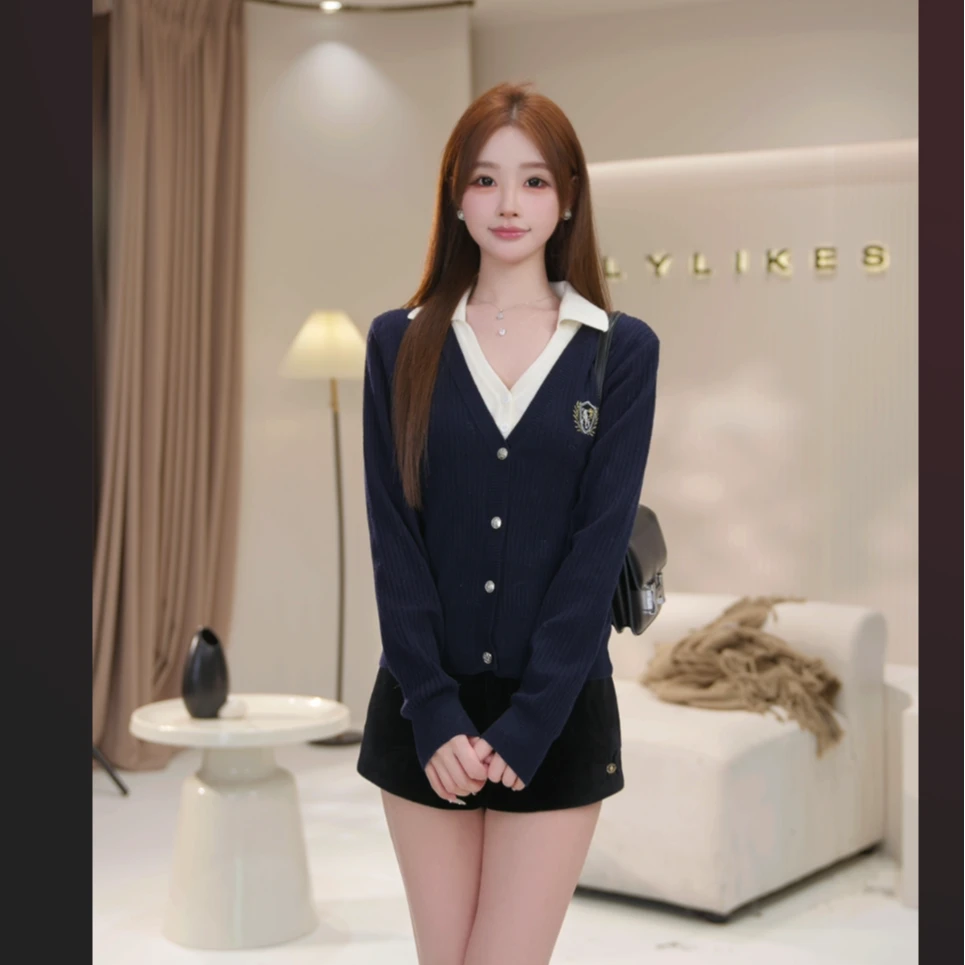 【LILYLIKES】撞色假两件徽章小V领学院风针织衫
