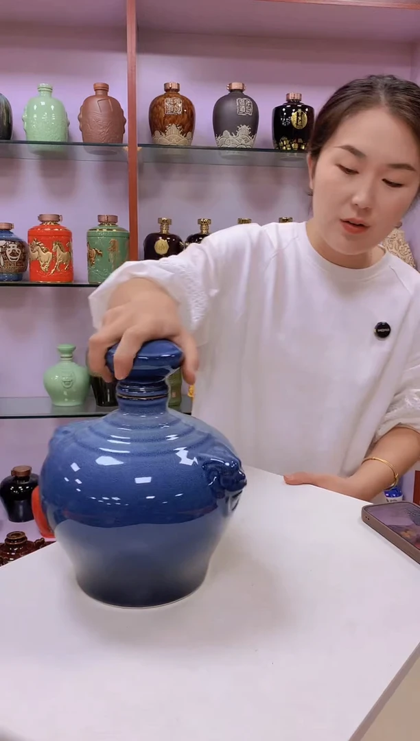 5斤装双狮头蓝色陶瓷空酒坛