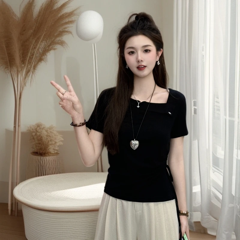 宿慕SUMU短袖T恤女2025新款夏季不规则上衣洋气慵懒衣服小众女装