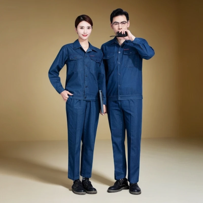 牛仔夏季长袖涤棉全工艺工装制服翻领套装牛仔汽修耐磨薄款工作