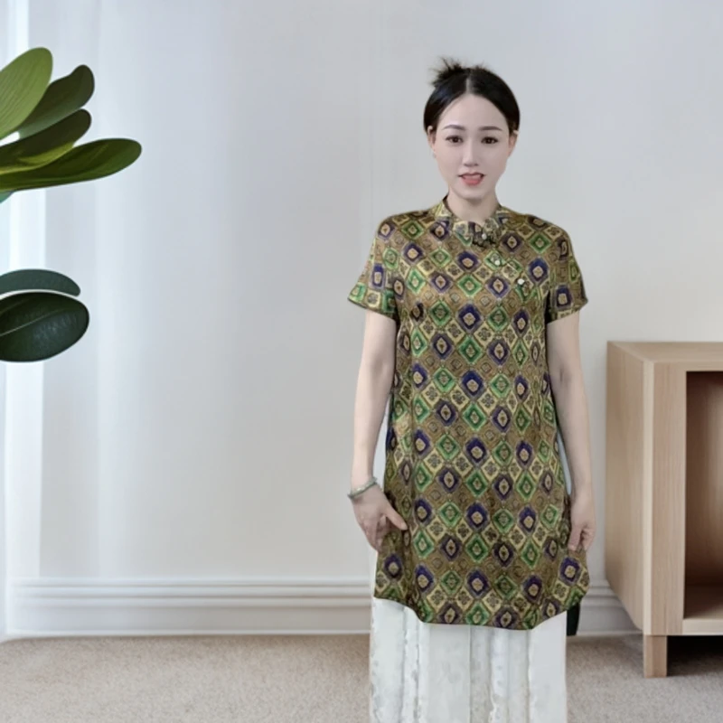 江南鑫雅阁【金桂流芳】新中式国风短袖上衣时尚显瘦中长款复古夏季