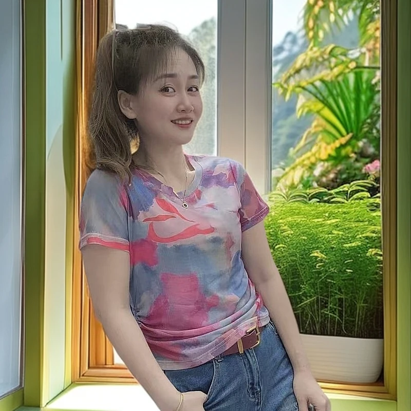《丽丽家》夏季新款洋气网纱T恤女短袖设计感欧货圆领修身显瘦上衣