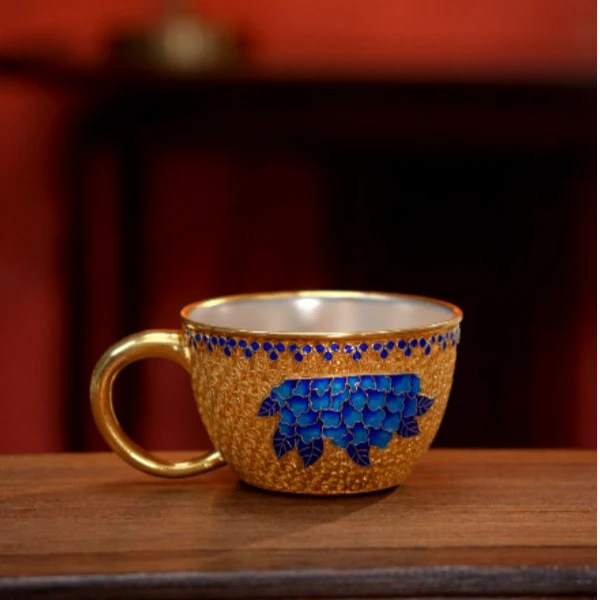 【锤痕银楼】纯银锤纹珐琅彩带柄品茗杯150.7克