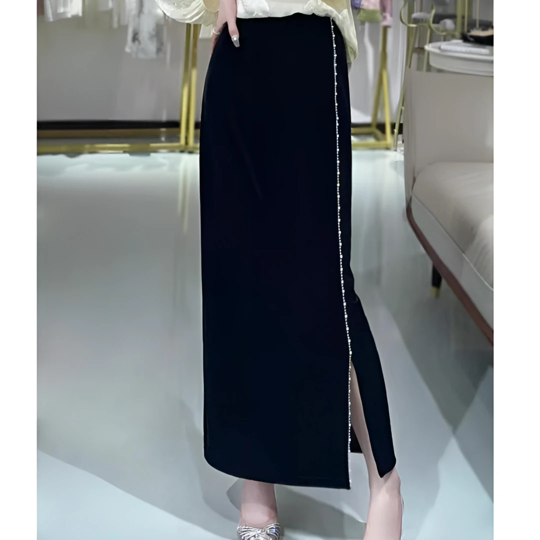 D999-3226【玫瑰故事】优雅气质~轻奢重工钉珠丝绒开叉显瘦半裙女