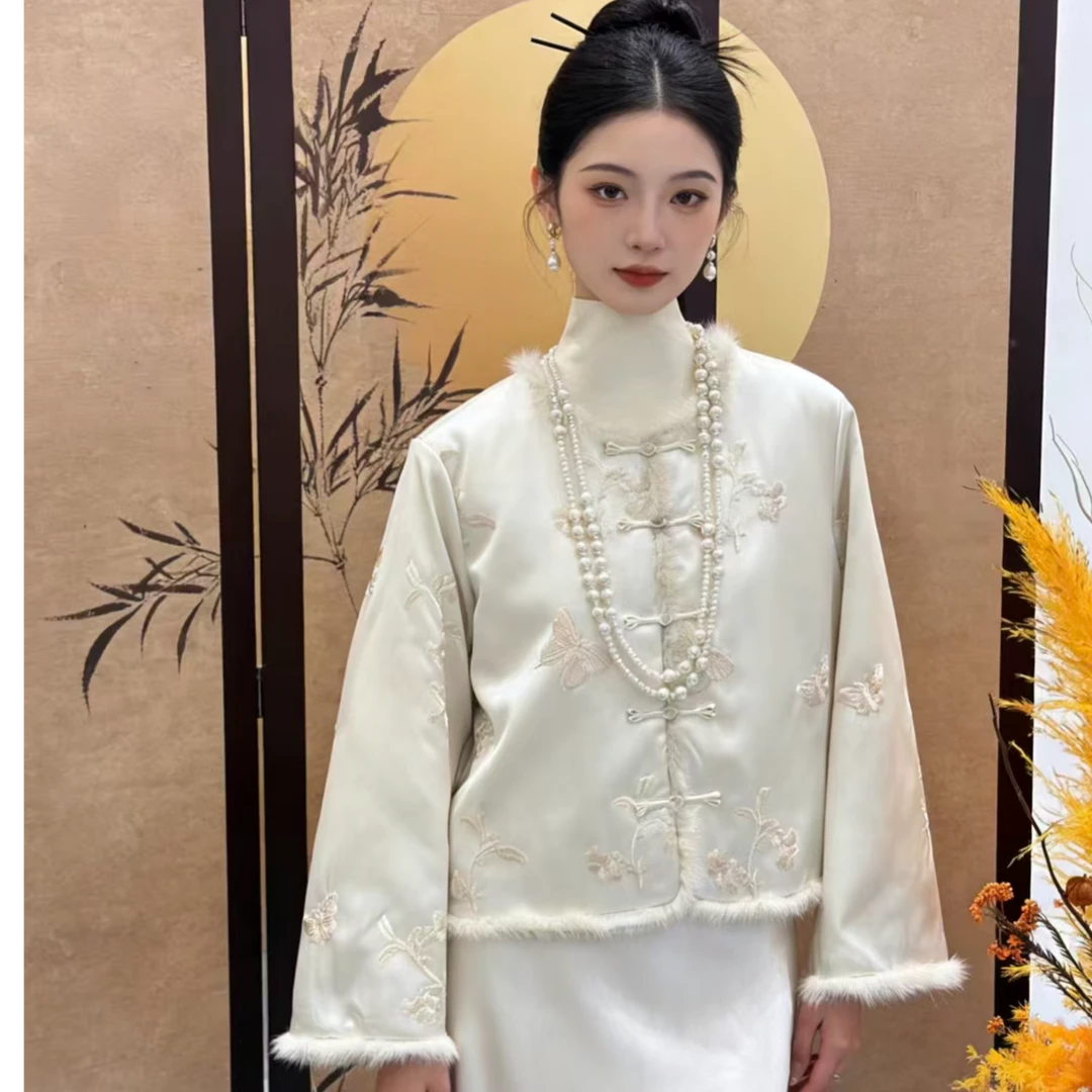 新款加绒加厚2025冬季长袖蝴蝶刺绣新中式外套重工刺绣羽绒服外套