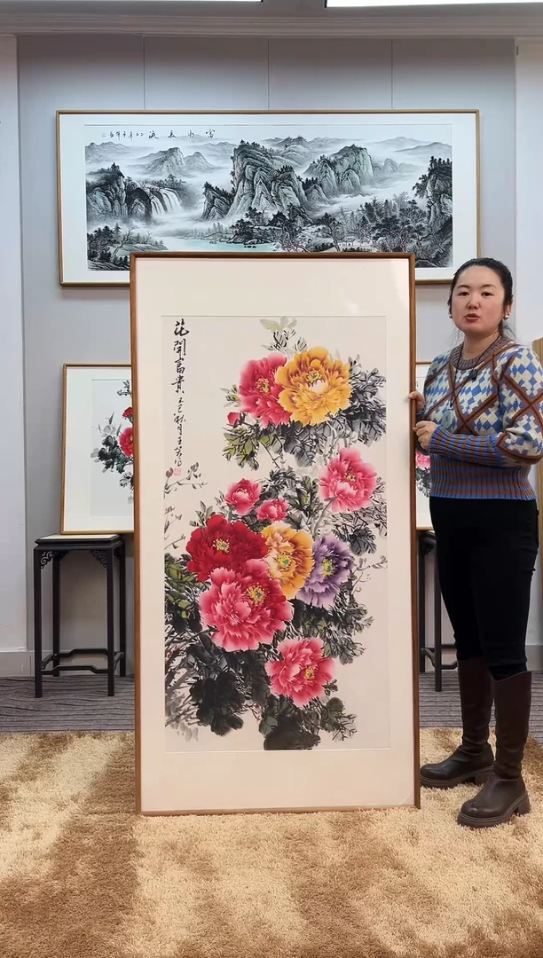 国画手绘牡丹162*82尺寸