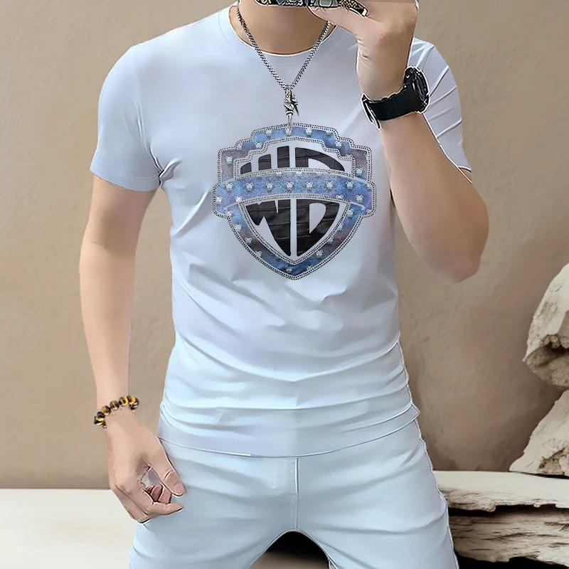 诺顿雷斯多工艺轻奢欧潮男士修身t恤衫短袖百搭夏季圆领时尚白色