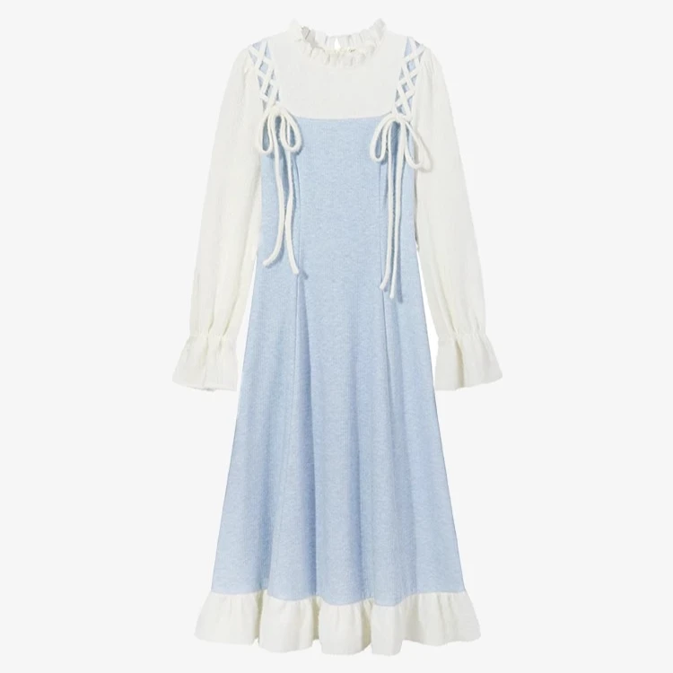 【现现】蓝白假两件法式甜美连衣裙木耳边领绒绒感长裙Y41247789