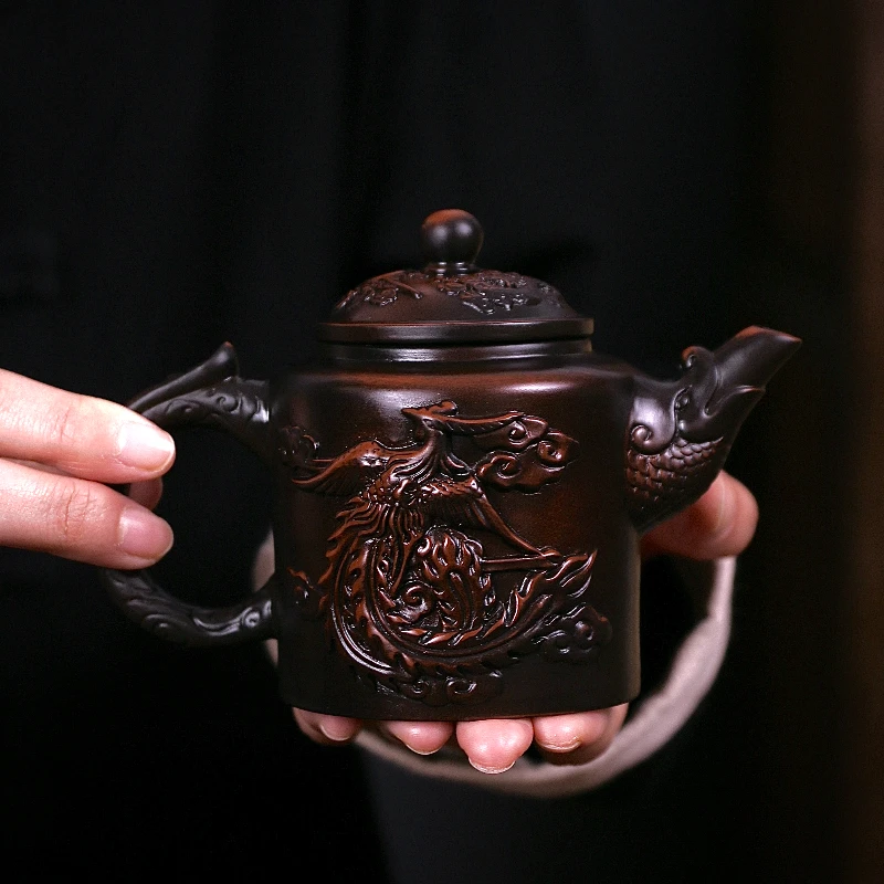 紫陶浮雕龙凤凤鸣壶大容量家用中式泡茶壶复古紫砂壶(陈荣火）C116