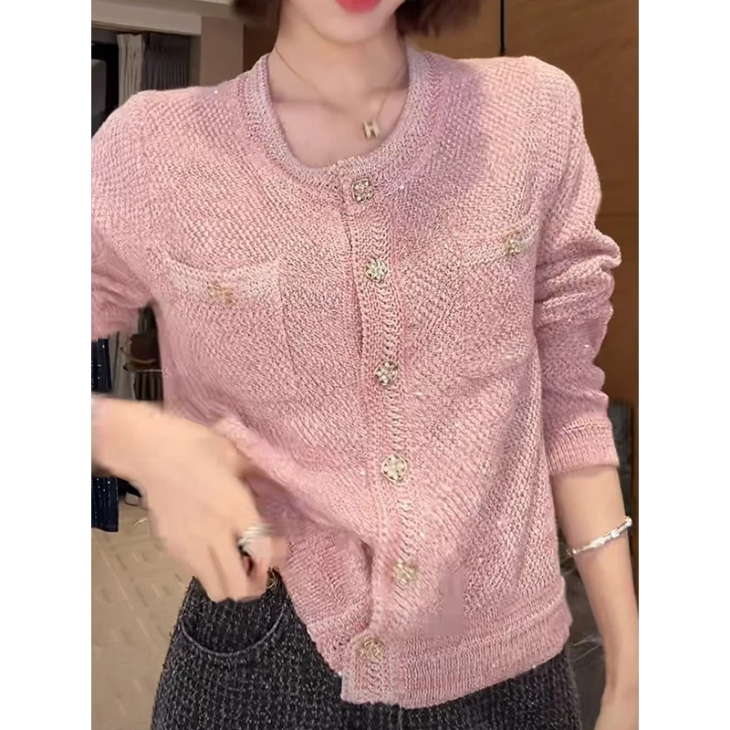 法式温柔小香风亮片粉色针织开衫外套女2025早秋新款气质好看上衣