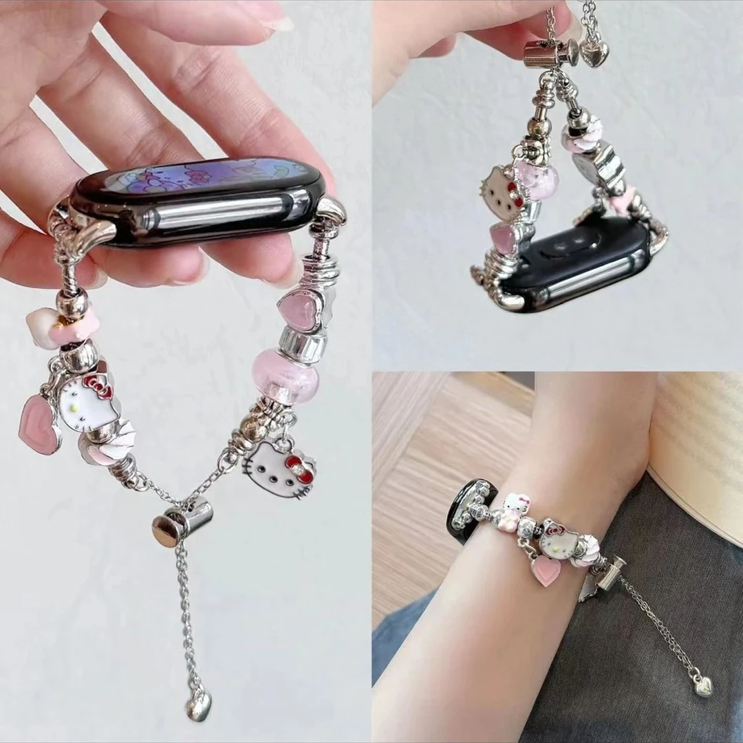 夏款串珠kt猫适用苹果iwatch10987654表带女华为fit3小米8/9pro