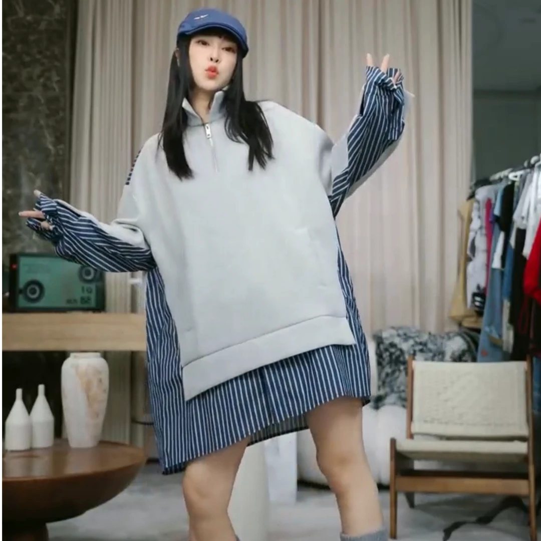 infobyfive2025秋冬假两件拼接长袖条纹卫衣半拉链一店NF0507012