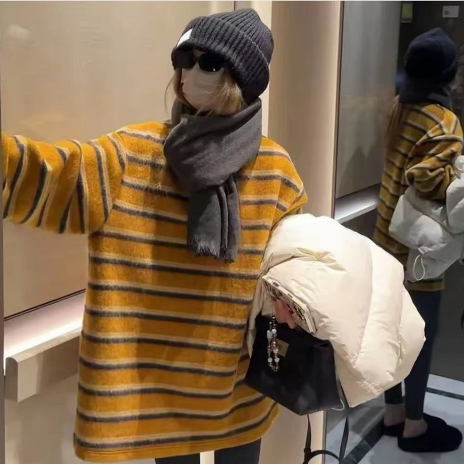 潮流款欧姐家加厚宽松撞色黄色条纹衫