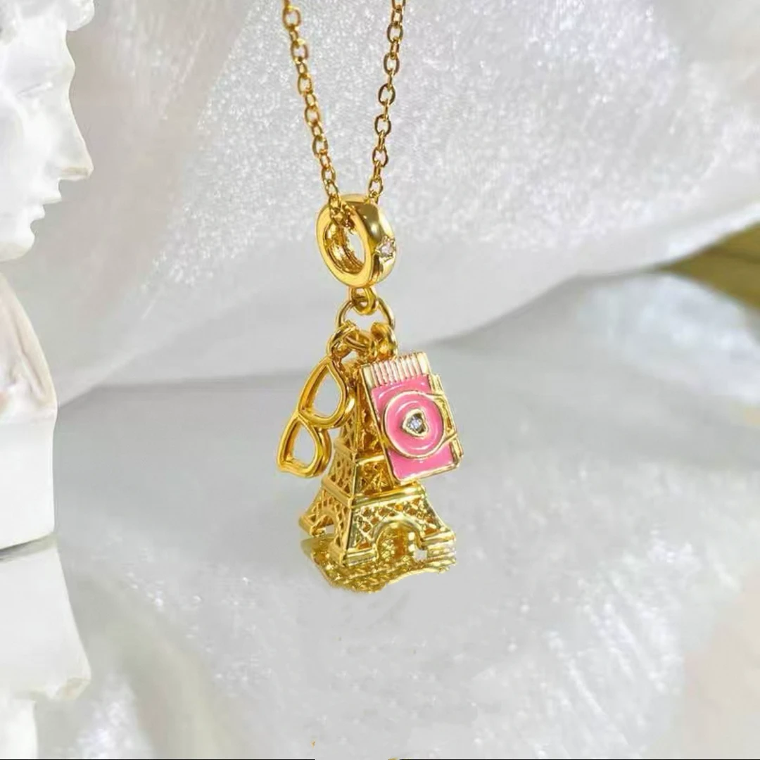 钛钢项链 2510钛钢高级感铁塔粉色相机锁骨项链（长45）