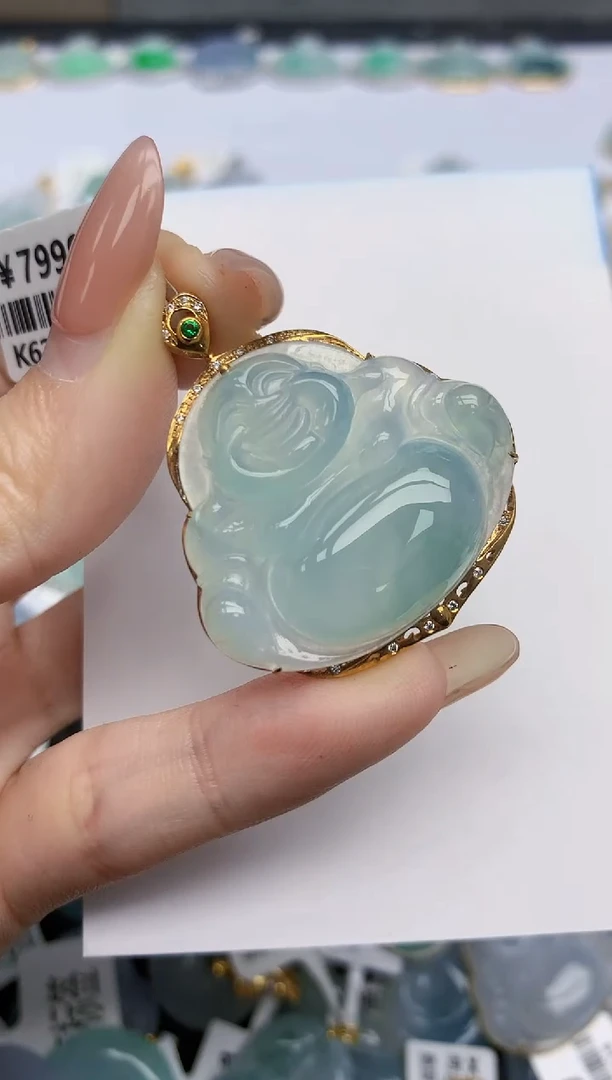 【闪购商品】翡翠挂件18K金镶嵌天然翡翠A货