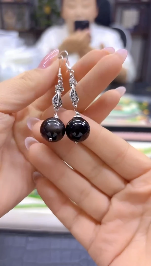 银S925镶嵌黑曜岩耳饰DIY款E932